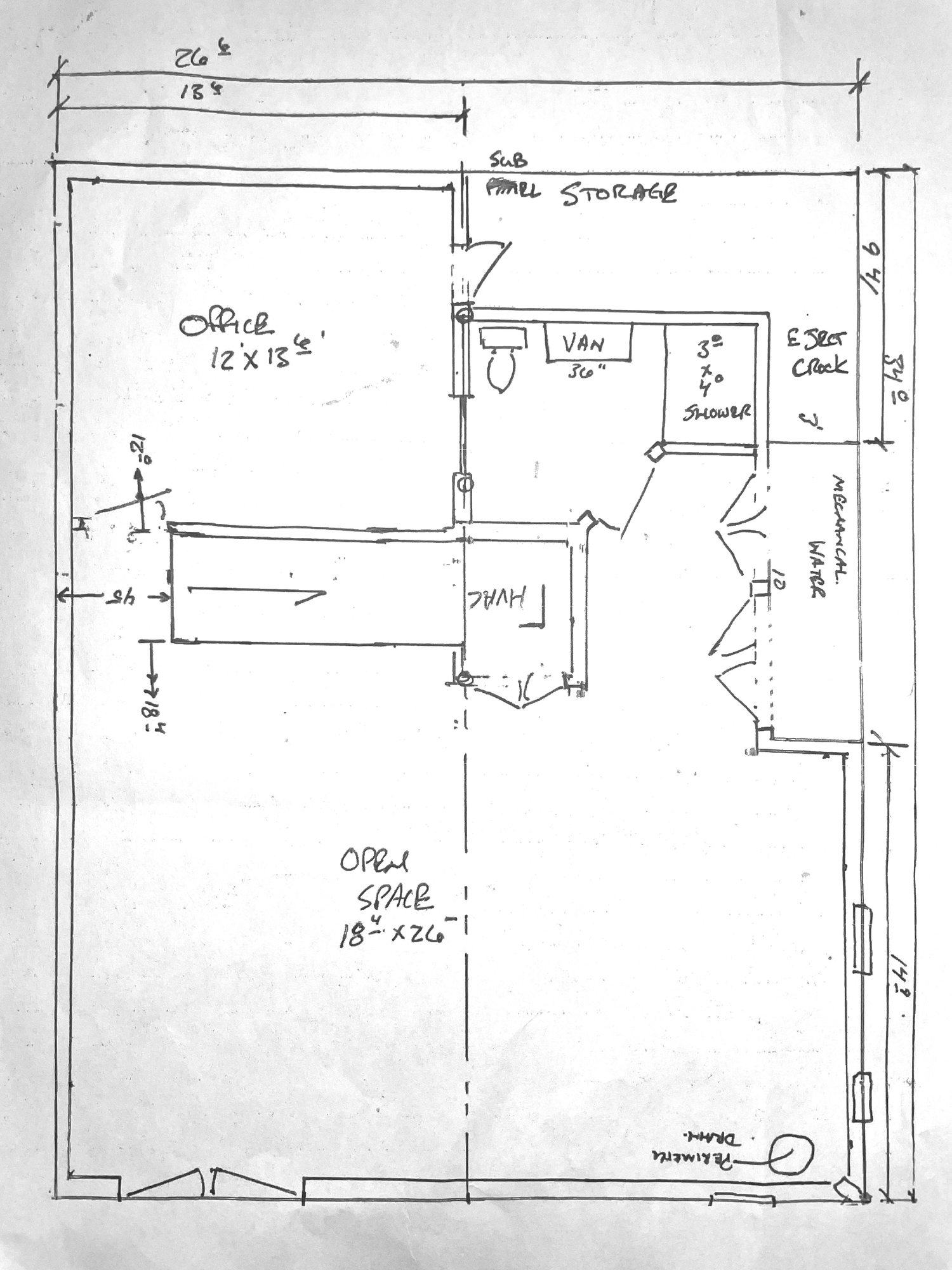 A photograph of a floor plan drawn by hand in black pen: a basement with an office, a bathroom, storage, an HVAC closet, a mechanical closet, a stair and a large open space, with dimensions written along the edges.